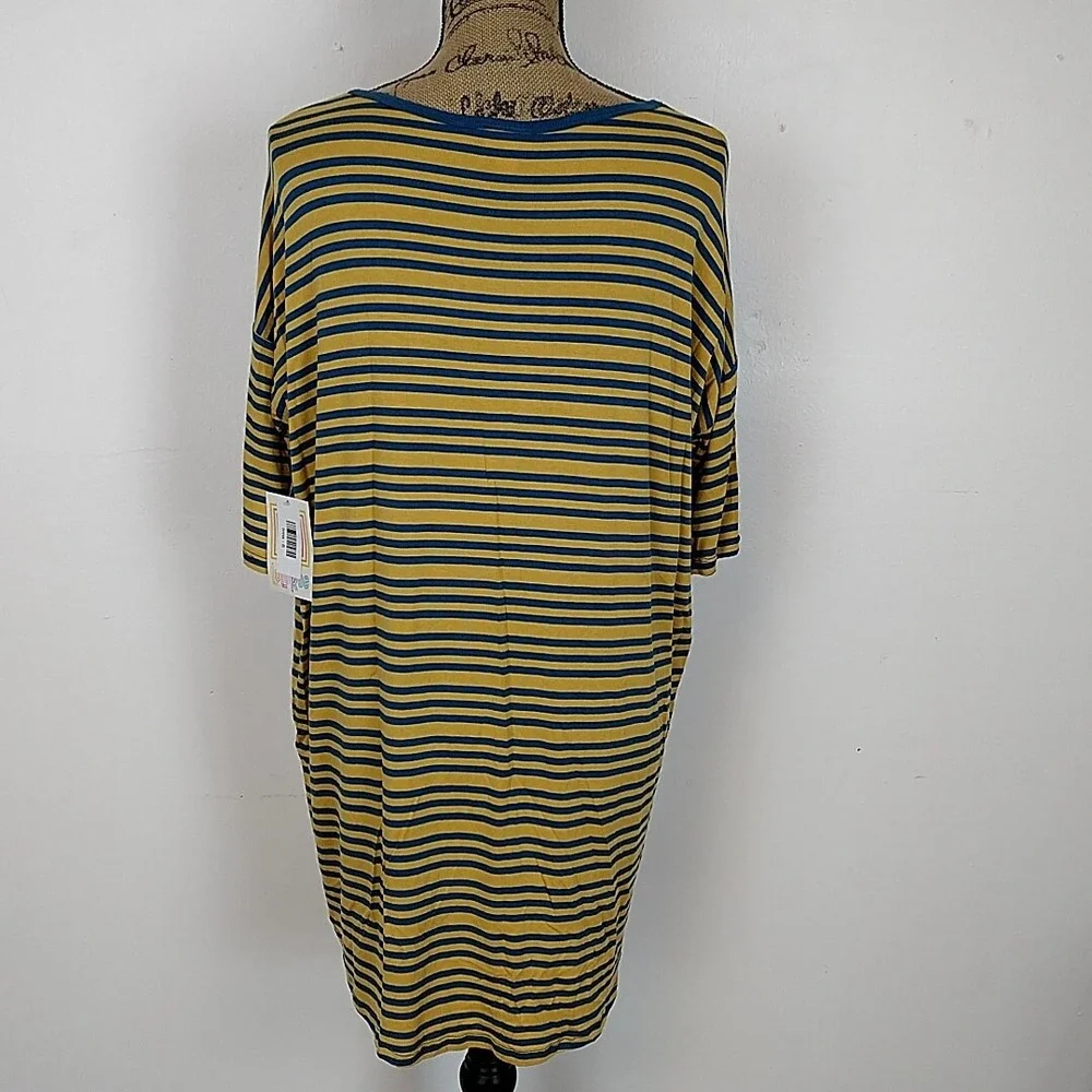 LuLaRoe Irma Tunic Top Womens Small Mustard Navy Blue Striped High Low Relaxed